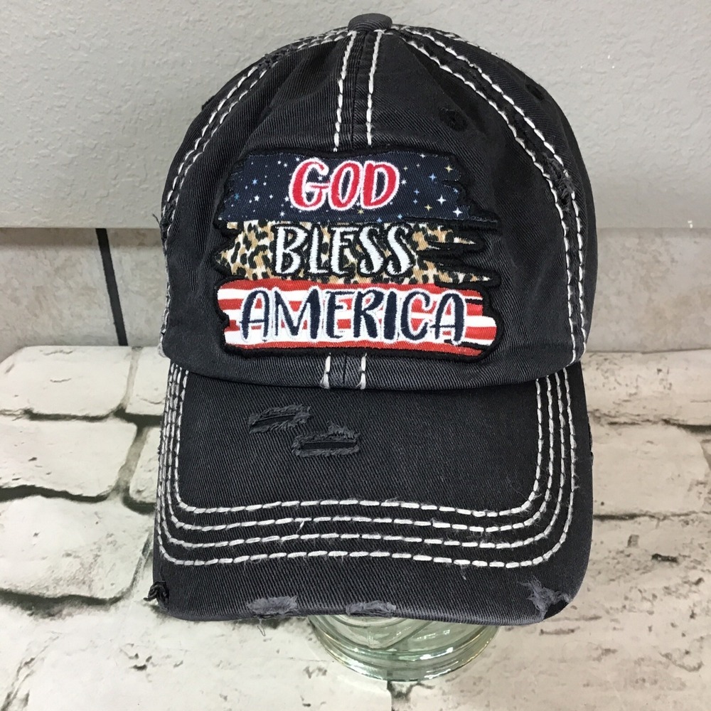 God Bless America Hat Adult Unisex OSFA Distressed Patriotic Adjustable Ball Cap